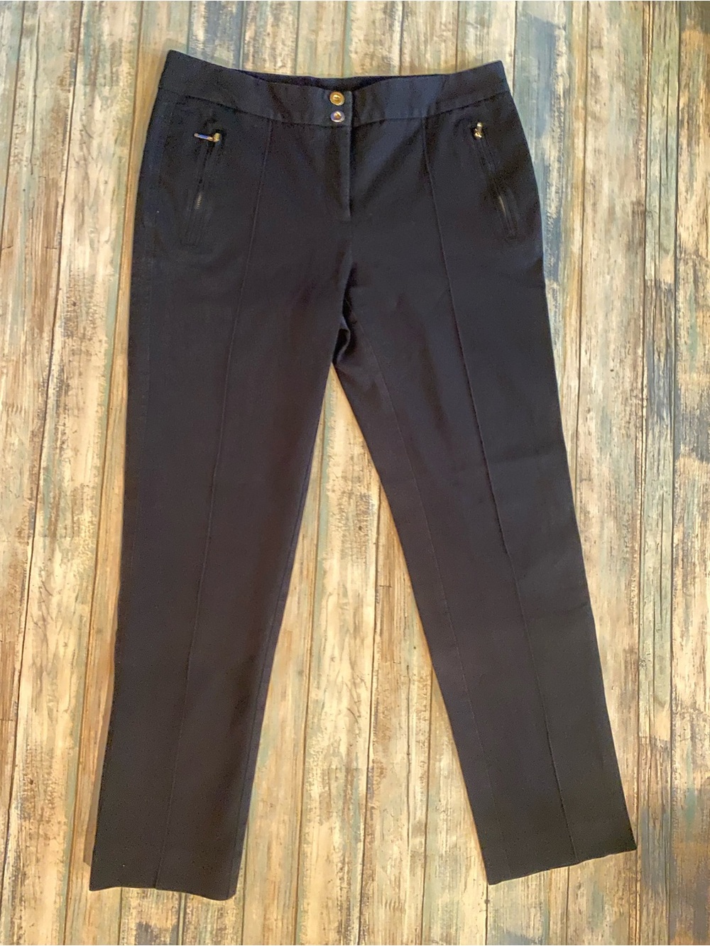 Alfani Petite 12P Black Slim Tailored Dress Pants Stretch Blend Gold Zip Pockets